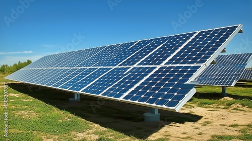 Solar Panels Installed in a Green Field Under a Bright Blue Sky During the Day