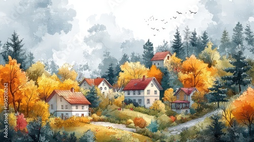 Fototapeta Naklejka Na Ścianę i Meble -  Charming Watercolor Illustration of European Village