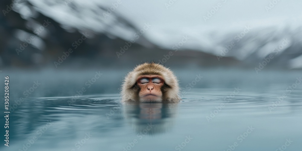Fototapeta premium Japanese Macaque Relaxing in Hot Spring Water, Snow Monkey Japan, Wildlife, Peace, Serenity, Calm, Zen