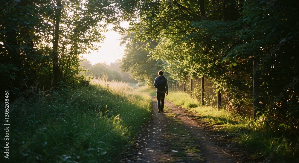 Man walking alone on forest path at sunrise. Tranquil nature exploration in morning light. Outdoor adventure concept with lonely hiker on misty woodland trail Man walking alone on forest path at sunrise. Tranquil nature exploration in morning light. Outdoor adventure concept with lonely hiker on misty woodland trail