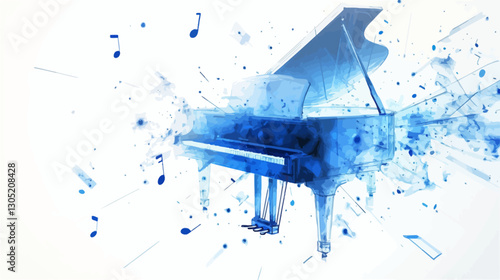 The image is a digital illustration depicting a grand piano rendered in shades of blue. The piano appears to be exploding or disintegrating, with musical notes scattered around it in a dynamic,