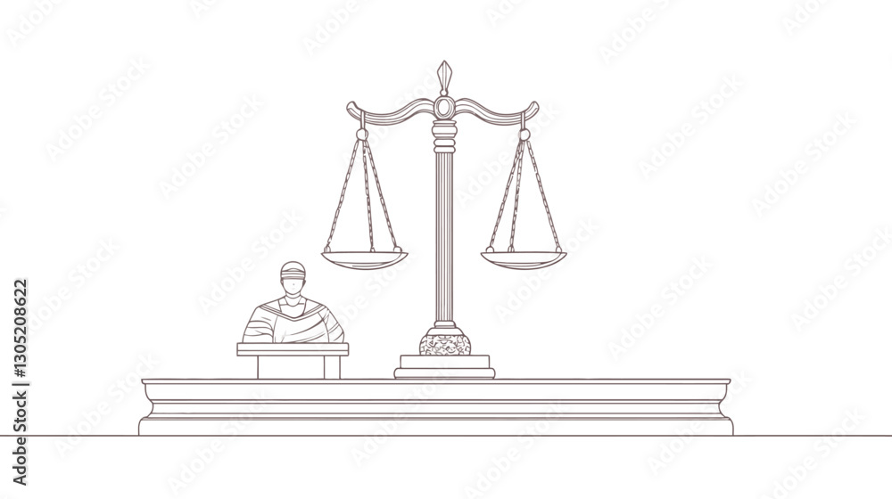 A minimalist line art illustration depicting a judge seated before a set of scales of justice. The image is monochromatic, rendered in single-line style against a white background. The A minimalist line art illustration depicting a judge seated before a set of scales of justice. The image is monochromatic, rendered in single-line style against a white background. The