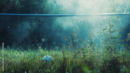 Morning Mist Envelops a Soccer Ball on a Grassy Field Near a Net