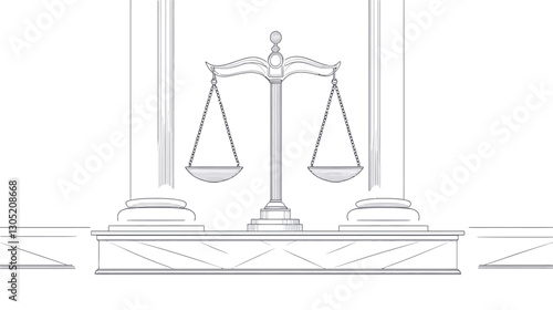 A monochrome line art illustration depicting a set of scales of justice situated on a platform between two columns. The image is minimalist, using only shades of grey and clean lines. The scales
