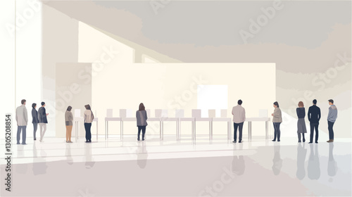 The image depicts a group of small, indistinct human figures standing in a long, white hallway or gallery space. The architecture is minimalist and features clean lines, white walls, and bright,