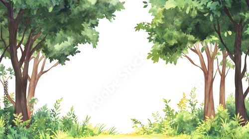 Watercolor painting of a vibrant green forest with a transparent center, ideal for nature-themed designs and compositions