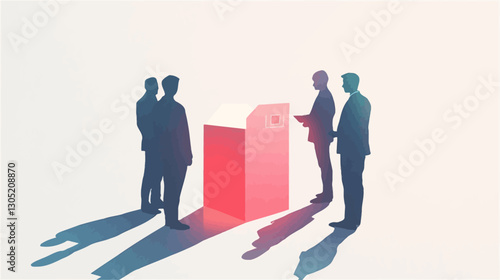 The image is a minimalist illustration featuring five male silhouettes positioned around a stylized, three-dimensional, red bar graph-like structure. The figures are depicted from the knees up,