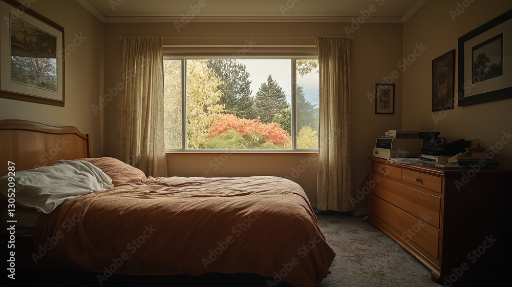 Obraz premium A peaceful bedroom with a view of autumn foliage.