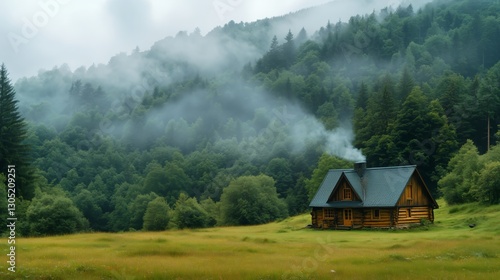 Cozy Cabin in Misty Forest With Glowing Windows and Chimney Smoke