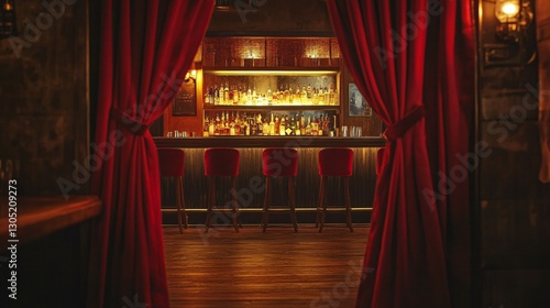 Mysterious Red Curtain Unveiling a Speakeasy Bar