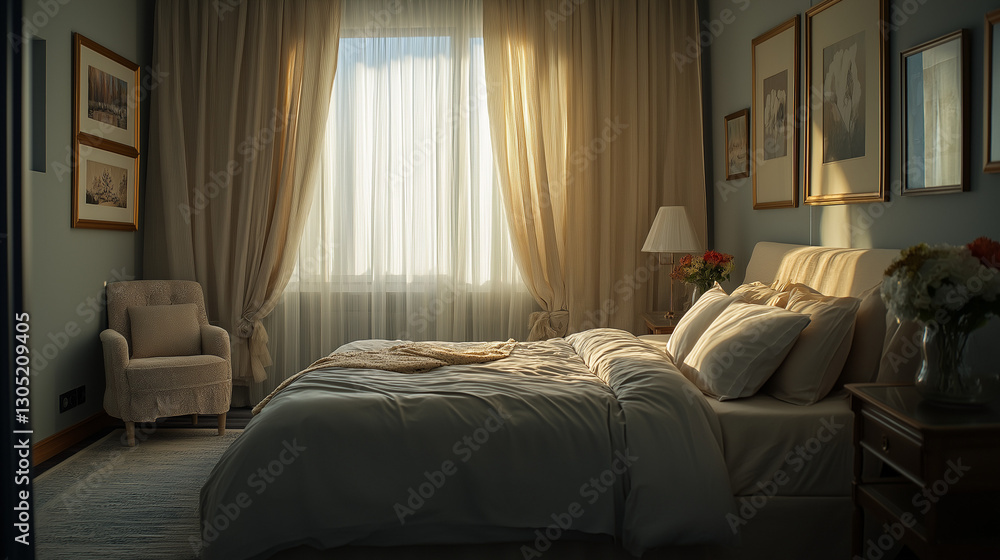 Fototapeta premium Sunlit bedroom with beige bedding and curtains, featuring a cozy armchair.