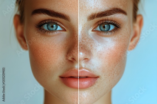 Beautiful Close-Up of a Young Womans Freckled Face Showcasing Skin Texture an...