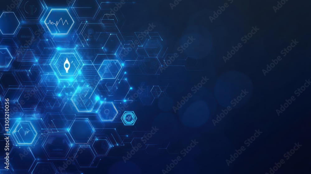 Abstract digital network background with glowing hexagons. Possible use Technology, innovation, science graphic Abstract digital network background with glowing hexagons. Possible use Technology, innovation, science graphic