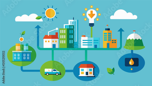 Using data on carbon emissions a city implements a capandtrade system to encourage businesses to invest in sustainable energy.. Vector illustration
