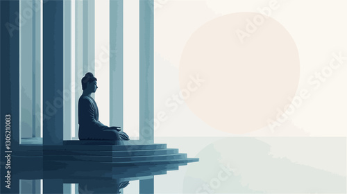 The image depicts a stylized silhouette of a Buddha statue in a meditative pose. The statue is seated on a low platform, situated between tall, slender columns that recede into a hazy background. A