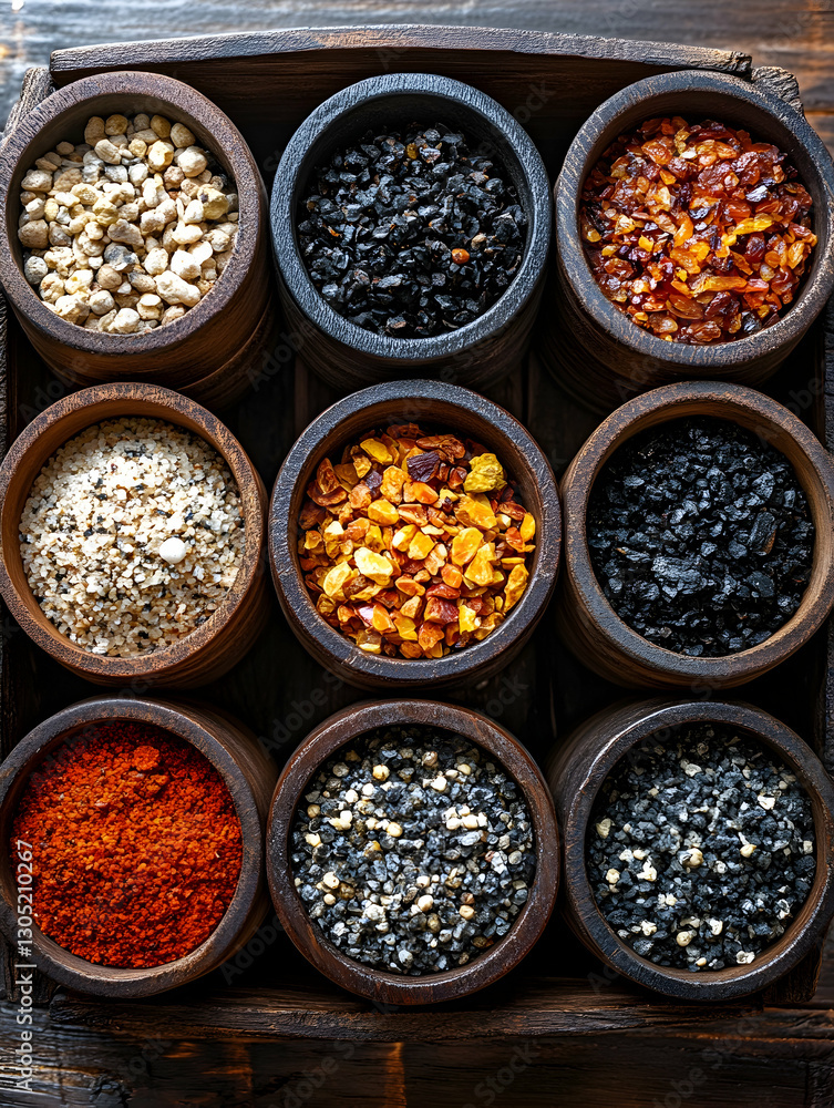Assorted spices in wooden bowls on tray Assorted spices in wooden bowls on tray