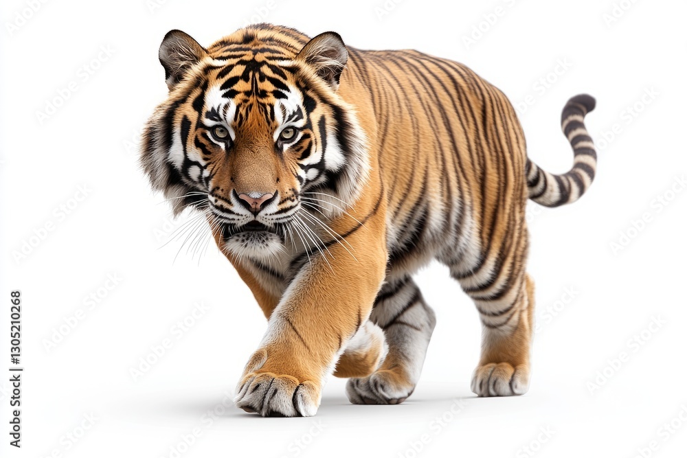 Obraz premium Striking Tiger: Majestic tiger walking towards the camera, showcasing its powerful physique, intense gaze and stunning orange and black stripes.