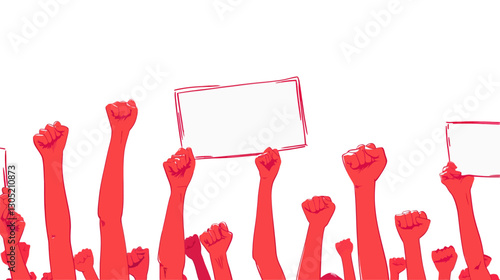 A stylized illustration depicting numerous red arms raised in the air, forming a horizontal composition.  The arms are depicted in a simplified, almost cartoonish manner, with clenched fists.