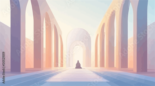 Digital illustration depicting a long, spacious interior hallway or corridor with a series of tall, arched columns or pillars on either side.  The style is minimalist and geometric, with soft,