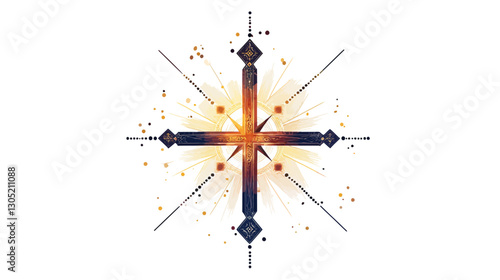 A stylized cross illustration with an ornate design. The cross is dark blue and purple, with a radiant, bright orange and yellow light emanating from its center.  The background includes small