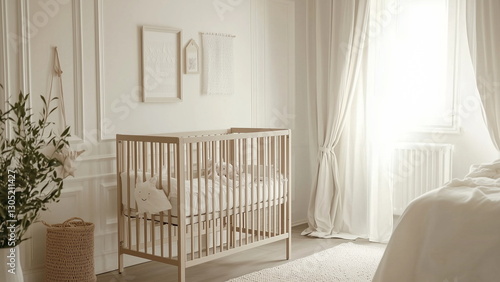 A wooden baby crib in the parents bedroom, bright and well-lit room, light brown muji and minimalist interior design