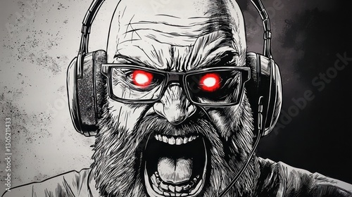 A bald angry bearded man wearing headphones and glasses