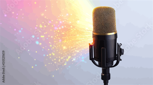 Close-up shot of a black condenser microphone with a gold top, positioned against a light gray background.  A burst of colorful, sparkling particles emanates from the microphone head, suggesting