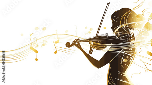 The image is a stylized illustration or graphic design depicting a female silhouette playing a violin. The silhouette is rendered in shades of gold and brown, with a soft, flowing effect.  Musical