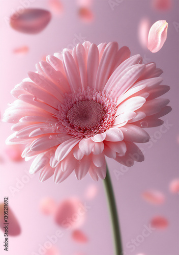 a single gerbera daisy with petals floating upwards,