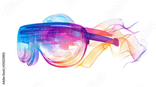 A digital illustration of a pair of large, futuristic sunglasses. The sunglasses have a transparent or translucent appearance and are rendered in a vibrant color gradient ranging from blues and