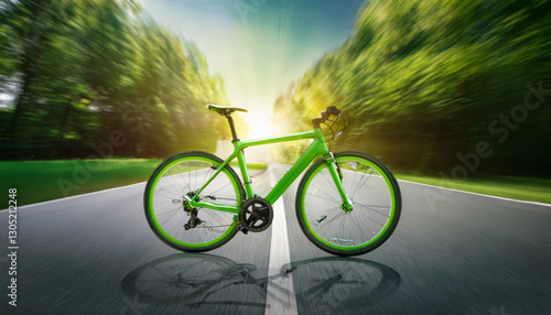 Green bicycle in motion on green road background. Environment preserve. World Bicycle day concept. Speed green rays on the dark asphalt.