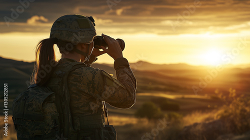 Female soldier in camouflage uniform using binoculars for reconnaissance during a military operation at sunset, emphasizing surveillance, strategy, and defense. Image made using Generative AI.