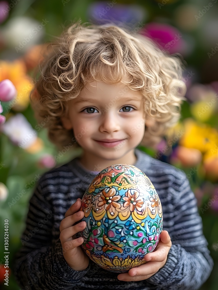 Fototapeta premium Child joyfully holds a large decorated Easter egg amidst spring flowers. Generative AI