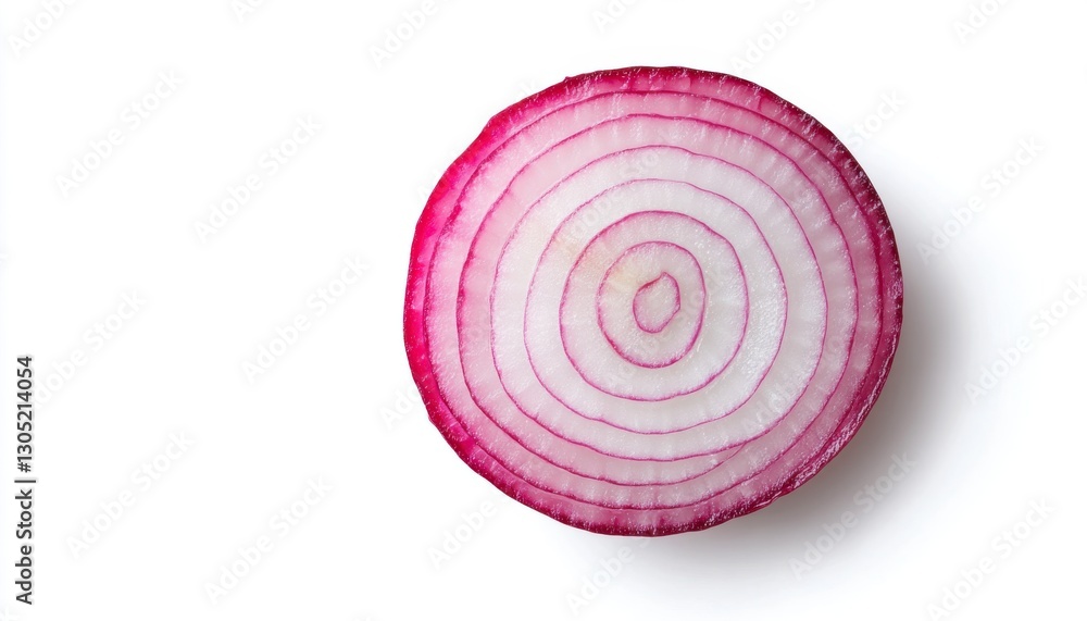 Close-Up of a Freshly Sliced Red Onion with Distinctive Purple Stripes on a White Surface Close-Up of a Freshly Sliced Red Onion with Distinctive Purple Stripes on a White Surface