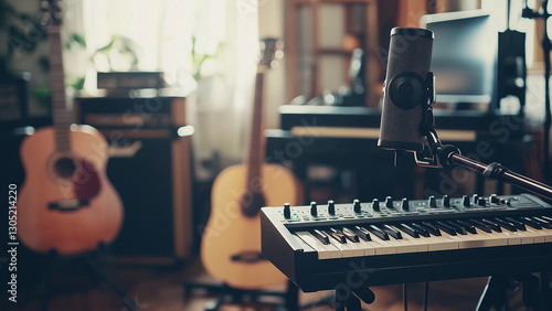 Music room with microphone, keyboard and guitar, music recoding room, music practising room photo