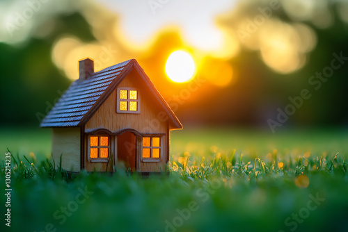 Wallpaper Mural a small wooden house model placed on the grass, Torontodigital.ca