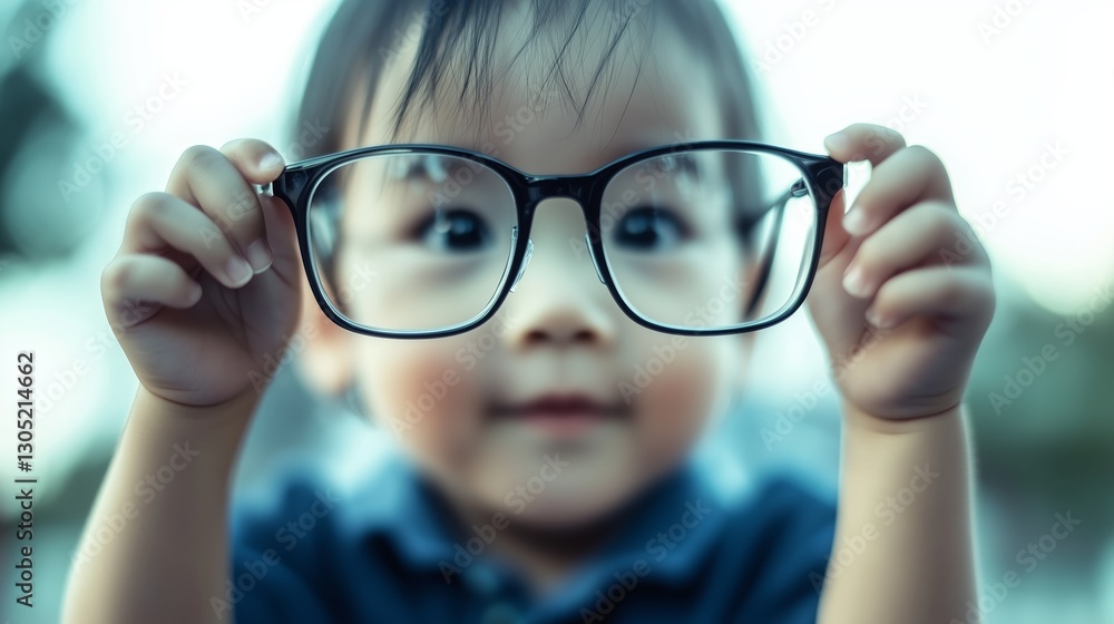 Fototapeta premium A child, blurred and out of focus, stands in the background, holding a pair of glasses.