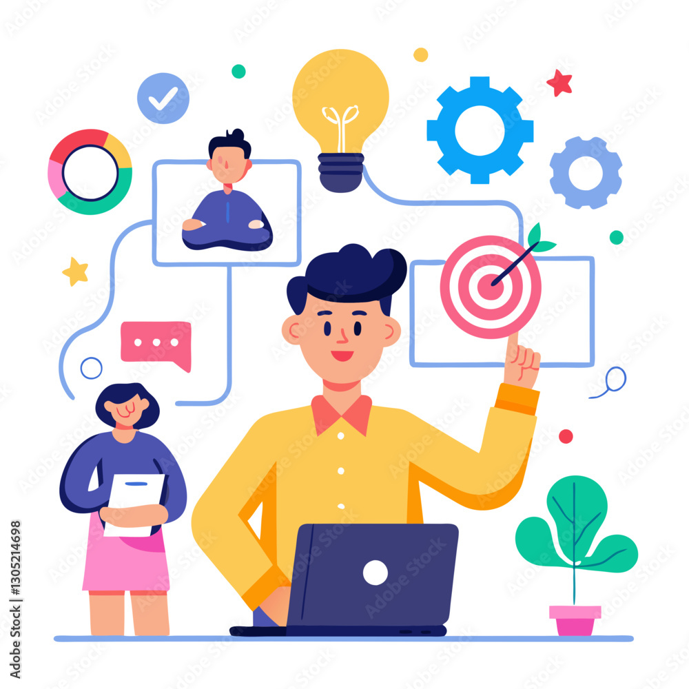 A marketer is engaged in using an audience segmentation tool, focused on analyzing data trends. Collaborative elements are visualized around. The environment is dynamic and innovative A marketer is engaged in using an audience segmentation tool, focused on analyzing data trends. Collaborative elements are visualized around. The environment is dynamic and innovative