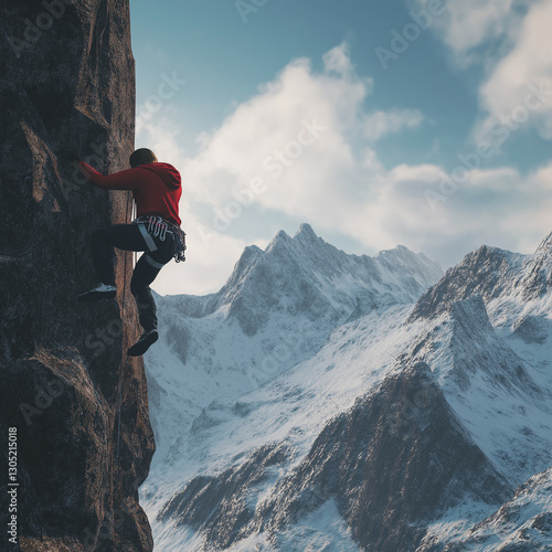 A person rock climbing a steep cliff face with a majestic snow-capped mountain range in the background.