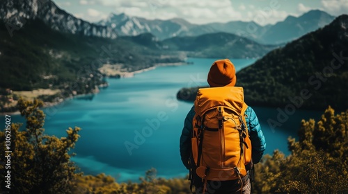 Hiker Overlooks Tranquil Lake Surrounded by Mountains on a Clear Day