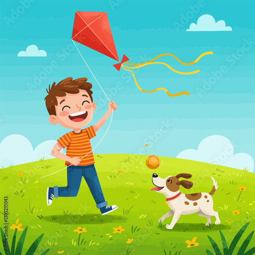 Boy Flying Kite and Playing with Dog in Outdoor Field