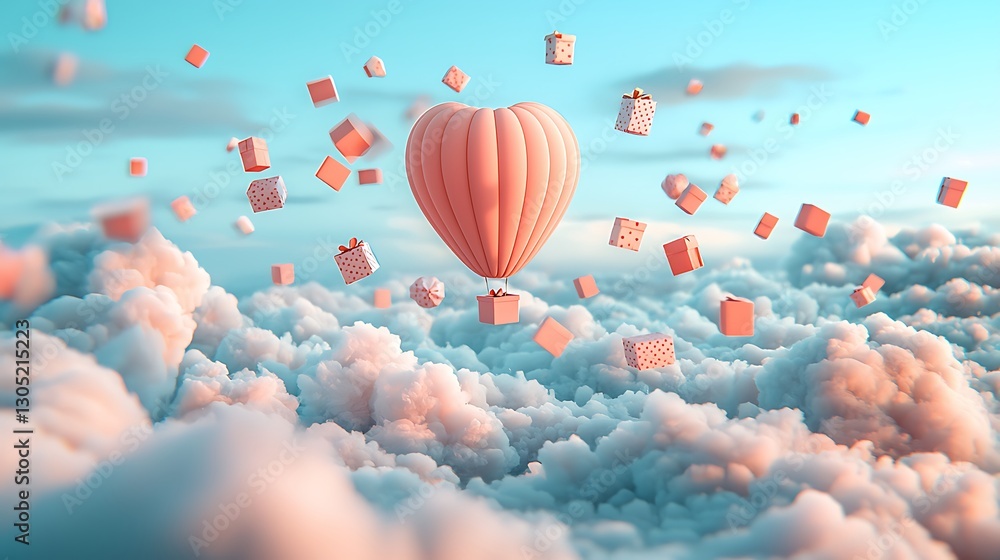 Obraz premium Heart-shaped hot air balloon floats amid gift boxes in a cloud-filled sky
