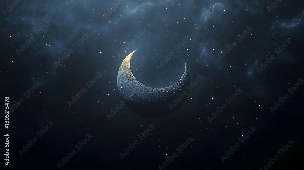 Fototapeta premium Celestial Crescent: A mesmerizing view of a crescent moon against a dramatic, starlit night sky, evoking a sense of wonder and the mysteries of the cosmos.