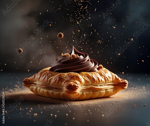 Flaky chocolate cream puff pastry tart with rich filling, dusted with cocoa powder, set against a dark, moody background.  