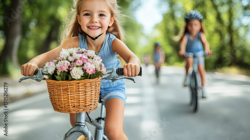 Smiling Girl On Bike With Flowers Basket