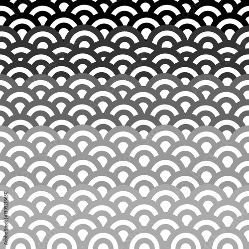 Abstract geometric seamless pattern overlapping circles or half circles. Japanese-style monochrome wave. Geometric texture for textiles, card, stationery, phone cases, paper gifts, wallpaper, wrapping