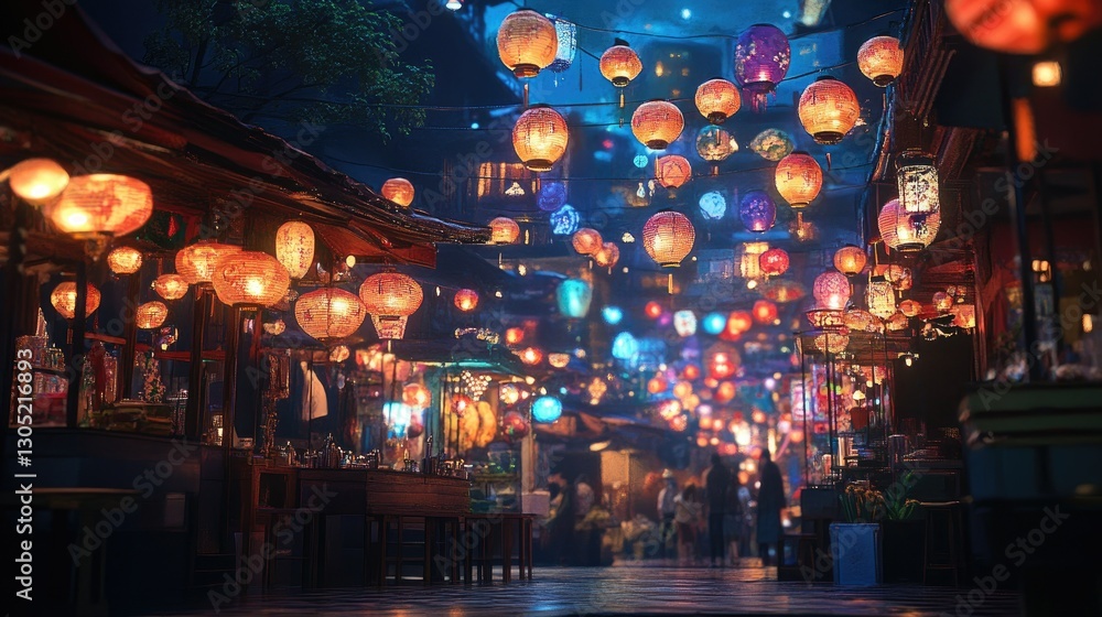 A vibrant night market with glowing lanterns A vibrant night market with glowing lanterns