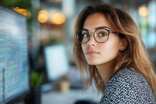 Young Woman With Glasses Gazes Thoughtfully at a Computer Screen in a Cozy Ca...