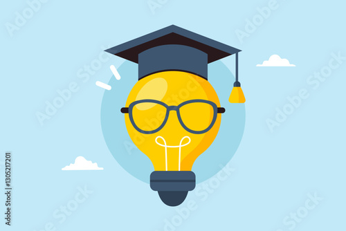 Flat illustration genius bright lightbulb wearing eyeglasses and graduation cap symbolizing knowledge and creativity