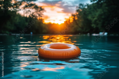 Floating Orange Ring Buoy in a Serene River at Sunset Surrounded by Lush Gree...